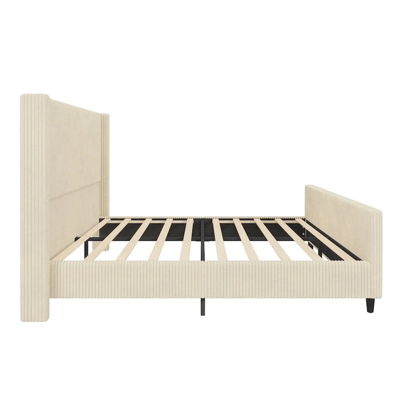 Cama tapizada en pana con cabecero de alas con rayas verticales, piecero, cama de plataforma de perfil bajo, cama de panel tipo trineo