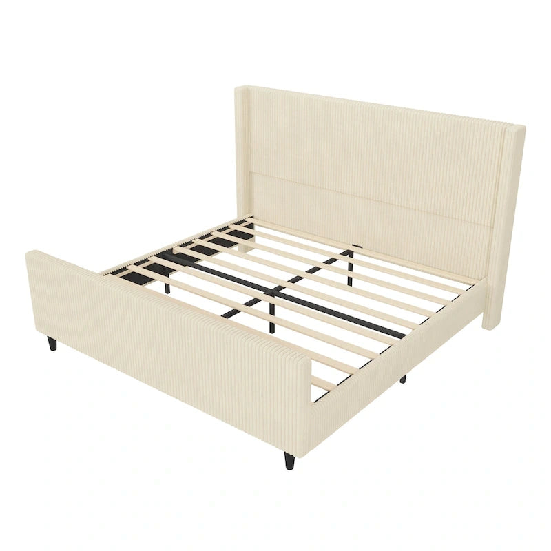 Cama tapizada en pana con cabecero de alas con rayas verticales, piecero, cama de plataforma de perfil bajo, cama de panel tipo trineo