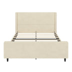 Cama tapizada en pana con cabecero de alas con rayas verticales, piecero, cama de plataforma de perfil bajo, cama de panel tipo trineo