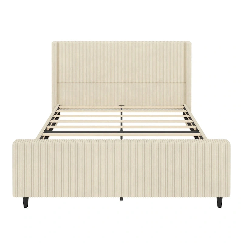Cama tapizada en pana con cabecero de alas con rayas verticales, piecero, cama de plataforma de perfil bajo, cama de panel tipo trineo