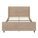 Cama tapizada en pana con cabecero de alas con rayas verticales, piecero, cama de plataforma de perfil bajo, cama de panel tipo trineo
