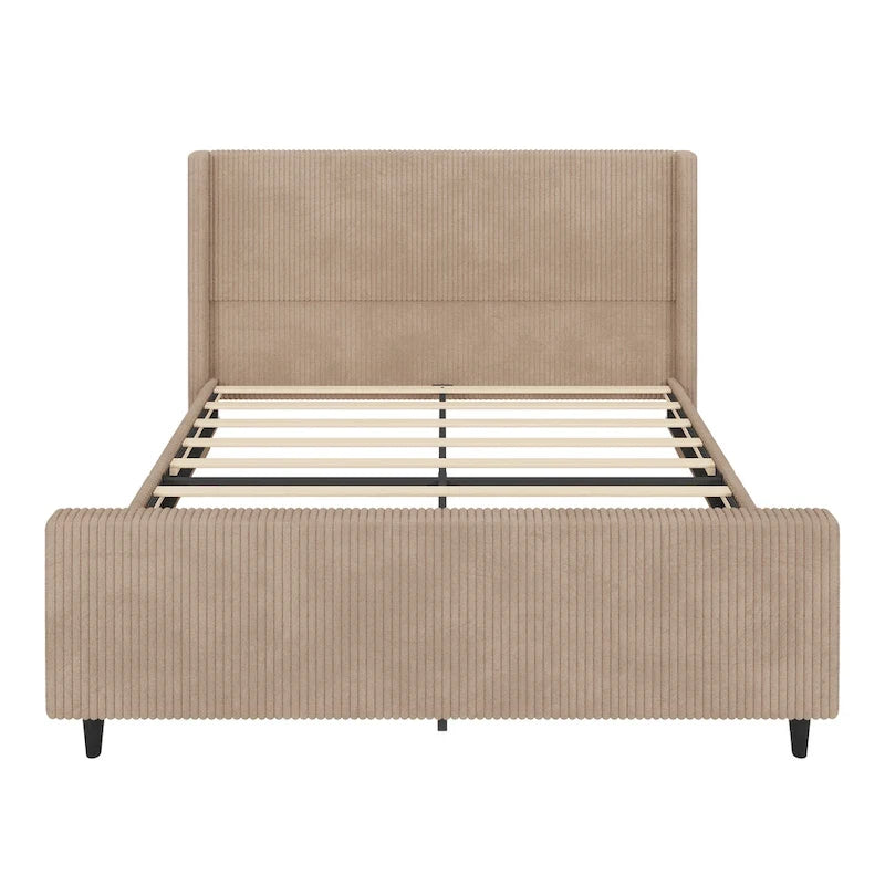 Cama tapizada en pana con cabecero de alas con rayas verticales, piecero, cama de plataforma de perfil bajo, cama de panel tipo trineo