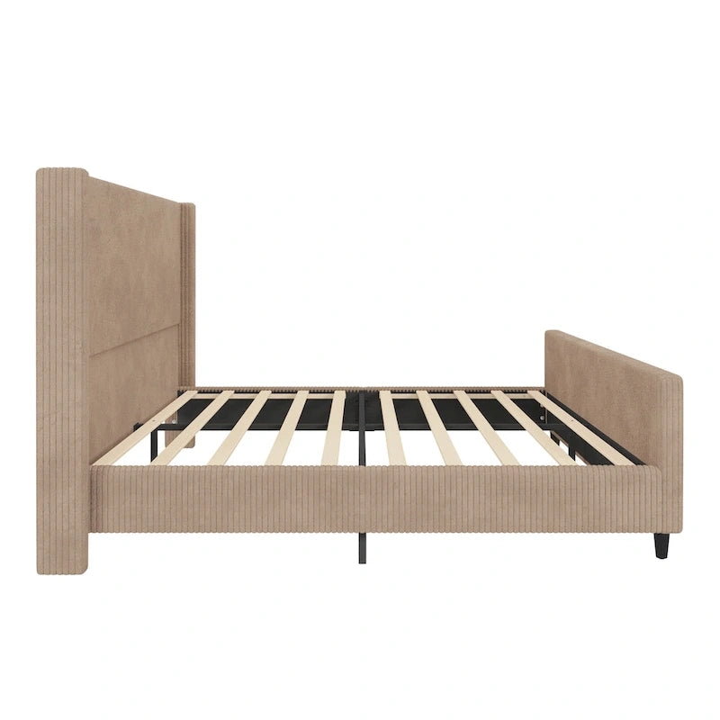 Cama tapizada en pana con cabecero de alas con rayas verticales, piecero, cama de plataforma de perfil bajo, cama de panel tipo trineo