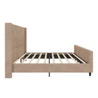 Cama tapizada en pana con cabecero de alas con rayas verticales, piecero, cama de plataforma de perfil bajo, cama de panel tipo trineo