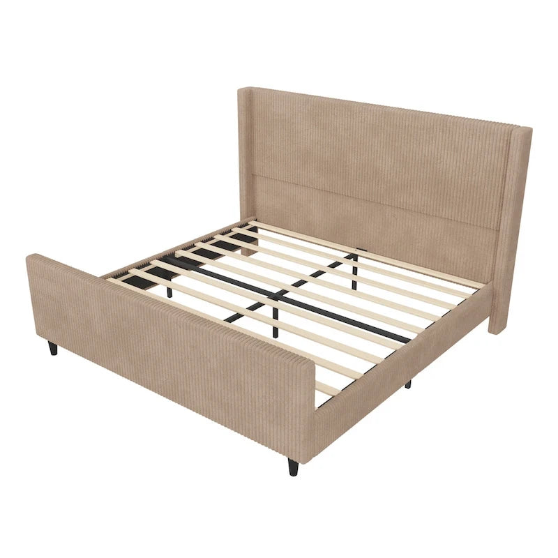 Cama tapizada en pana con cabecero de alas con rayas verticales, piecero, cama de plataforma de perfil bajo, cama de panel tipo trineo