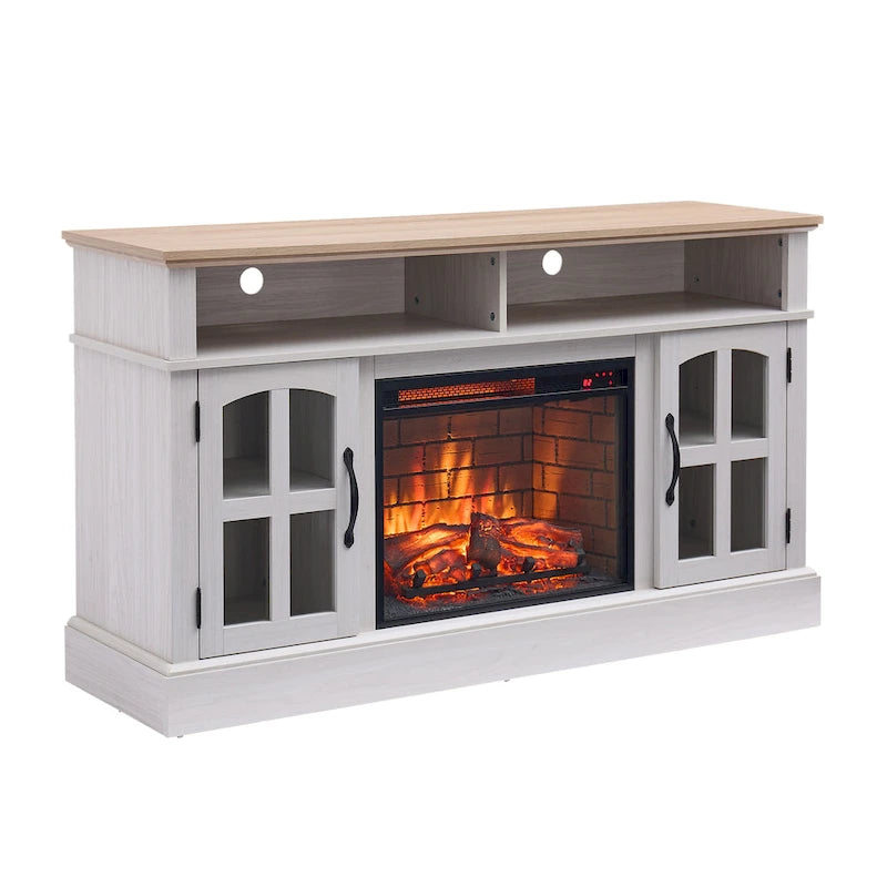 Mueble de TV Moderno y Sencillo con 2 Armarios de Almacenamiento y Chimenea Eléctrica para Sala de Estar, Cine en Casa y Dormitorio