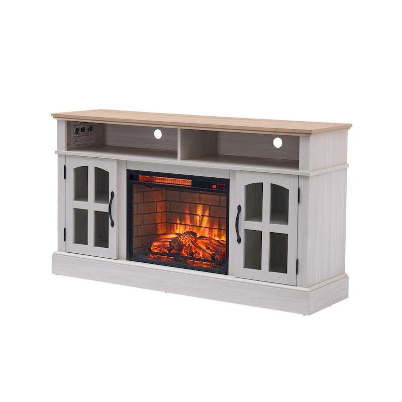 Mueble de TV Moderno y Sencillo con 2 Armarios de Almacenamiento y Chimenea Eléctrica para Sala de Estar, Cine en Casa y Dormitorio