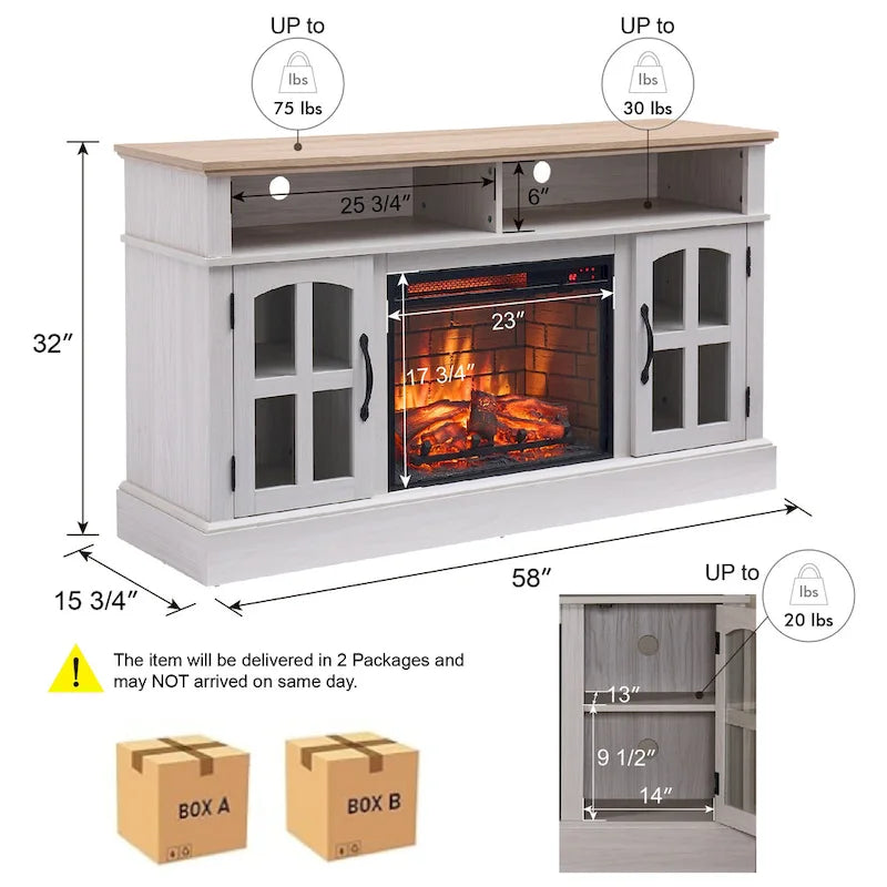 Mueble de TV Moderno y Sencillo con 2 Armarios de Almacenamiento y Chimenea Eléctrica para Sala de Estar, Cine en Casa y Dormitorio