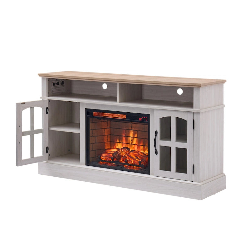 Mueble de TV Moderno y Sencillo con 2 Armarios de Almacenamiento y Chimenea Eléctrica para Sala de Estar, Cine en Casa y Dormitorio