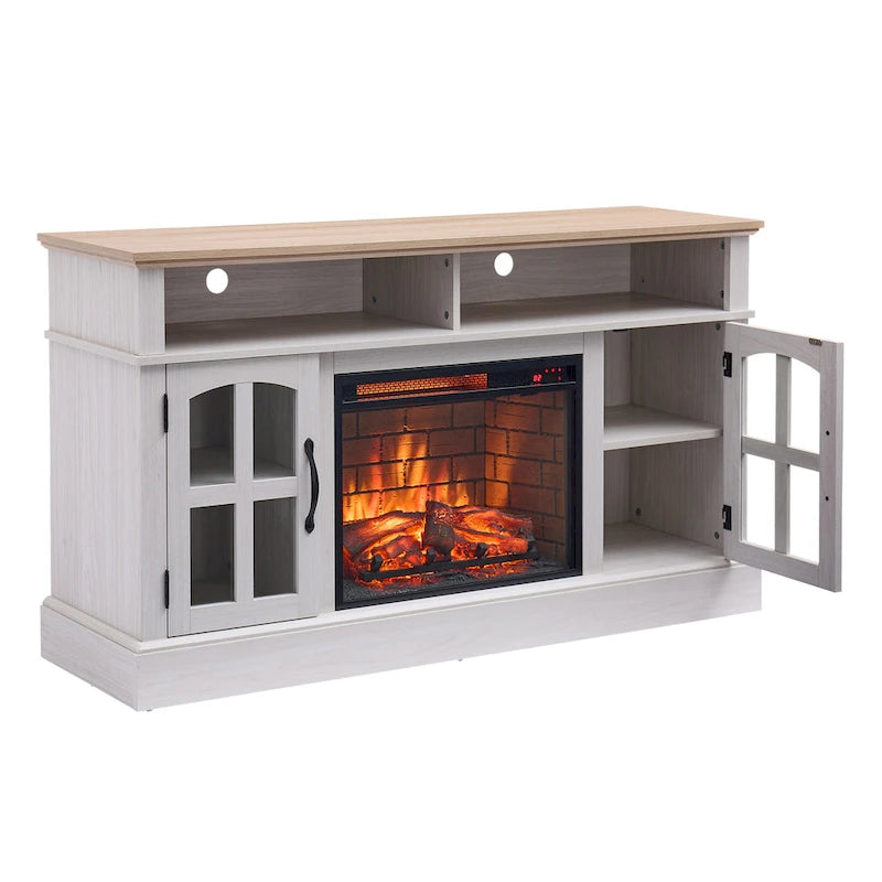 Mueble de TV Moderno y Sencillo con 2 Armarios de Almacenamiento y Chimenea Eléctrica para Sala de Estar, Cine en Casa y Dormitorio