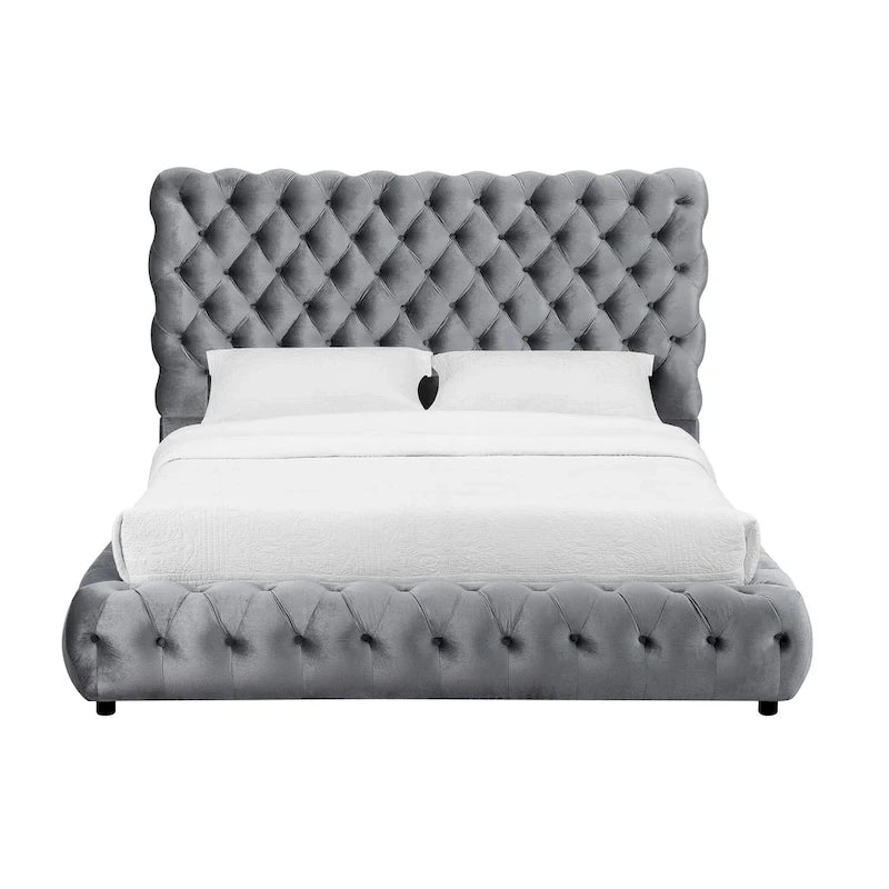 1 Cama King tapizada contemporánea, cabecero y piecero con botones, muebles de dormitorio grises