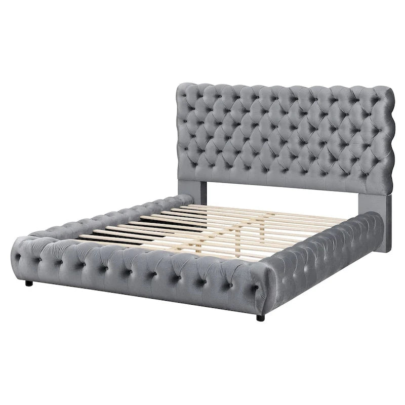 1 Cama King tapizada contemporánea, cabecero y piecero con botones, muebles de dormitorio grises