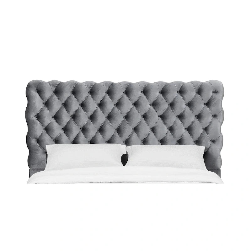 1 Cama King tapizada contemporánea, cabecero y piecero con botones, muebles de dormitorio grises