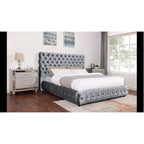 1 Cama King tapizada contemporánea, cabecero y piecero con botones, muebles de dormitorio grises