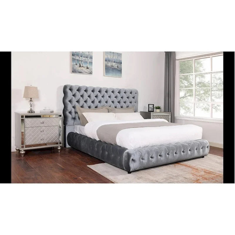 1 Cama King tapizada contemporánea, cabecero y piecero con botones, muebles de dormitorio grises