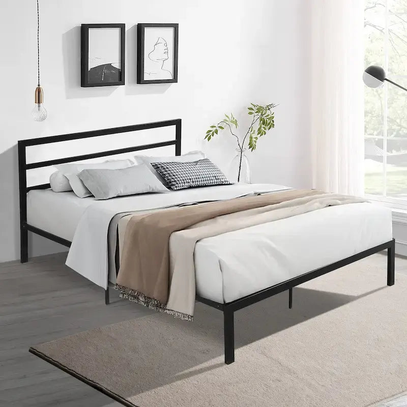 Cama de plataforma de metal de acero resistente tamaño Queen de estilo moderno con cabecera para dormitorio
