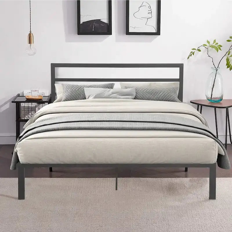 Cama de plataforma de metal de acero resistente tamaño Queen de estilo moderno con cabecera para dormitorio