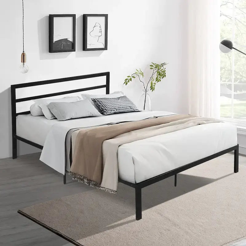 Cama de plataforma de metal de acero resistente tamaño Queen de estilo moderno con cabecera para dormitorio