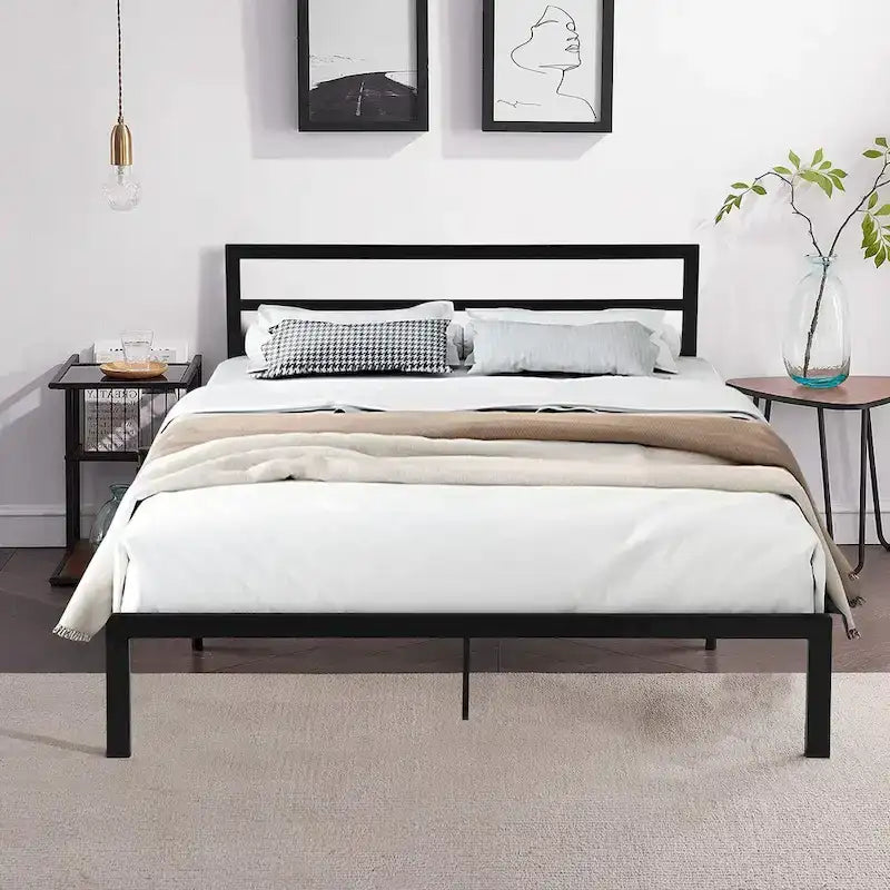 Cama de plataforma de metal de acero resistente tamaño Queen de estilo moderno con cabecera para dormitorio
