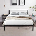 Cama de plataforma de metal de acero resistente tamaño Queen de estilo moderno con cabecera para dormitorio