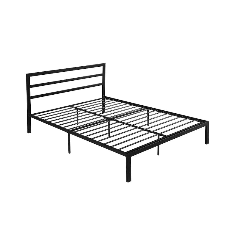 Cama de plataforma de metal de acero resistente tamaño Queen de estilo moderno con cabecera para dormitorio
