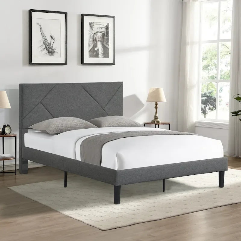 Cama tapizada tamaño queen con plataforma y soporte de listones de madera para dormitorio