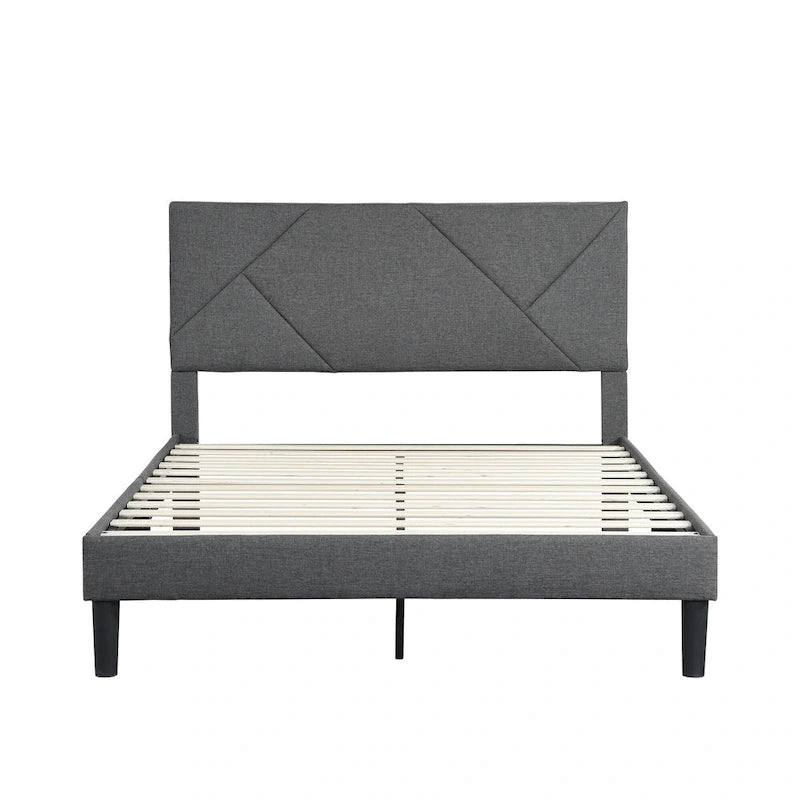 Cama tapizada tamaño queen con plataforma y soporte de listones de madera para dormitorio