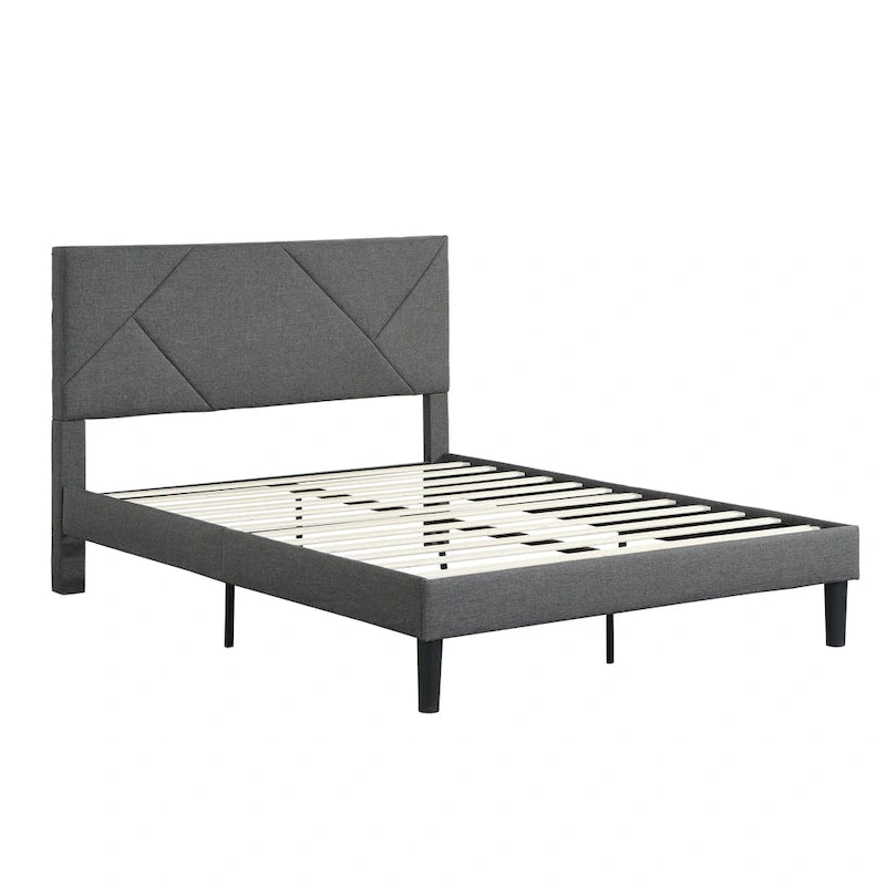 Cama tapizada tamaño queen con plataforma y soporte de listones de madera para dormitorio