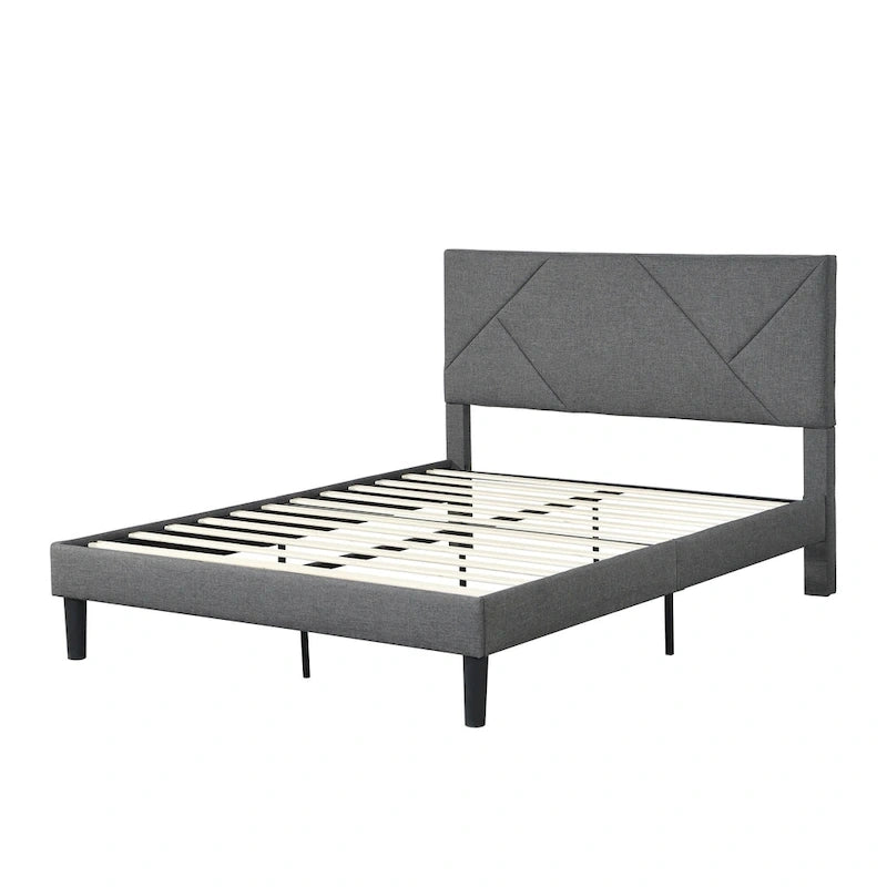 Cama tapizada tamaño queen con plataforma y soporte de listones de madera para dormitorio