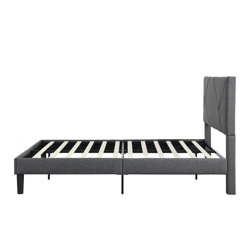 Cama tapizada tamaño queen con plataforma y soporte de listones de madera para dormitorio