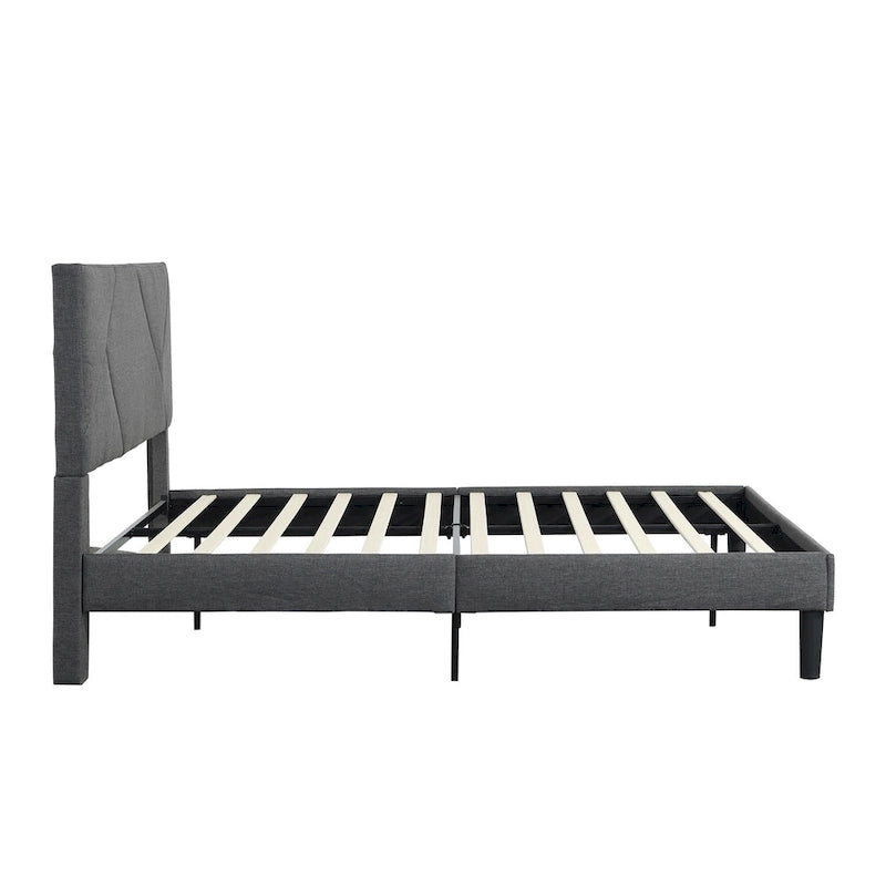 Cama tapizada tamaño queen con plataforma y soporte de listones de madera para dormitorio
