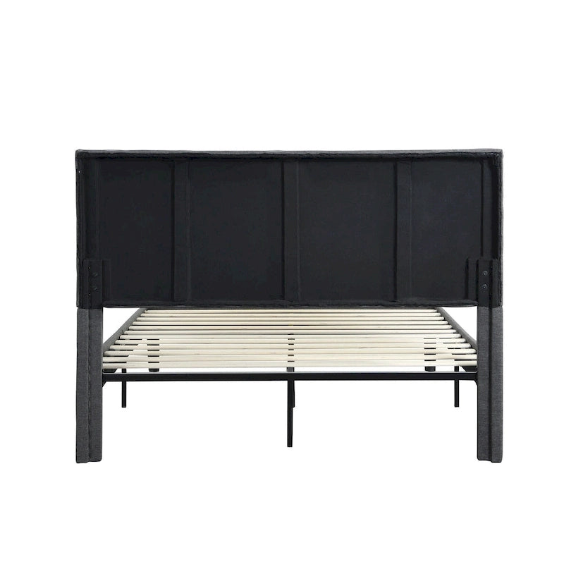 Cama tapizada tamaño queen con plataforma y soporte de listones de madera para dormitorio