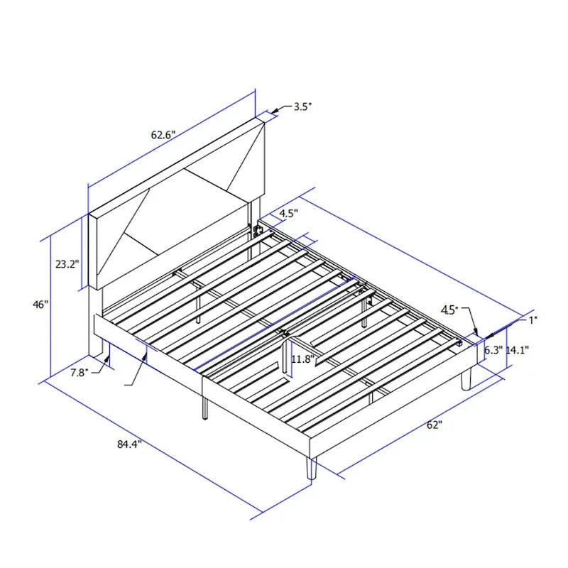 Cama tapizada tamaño queen con plataforma y soporte de listones de madera para dormitorio