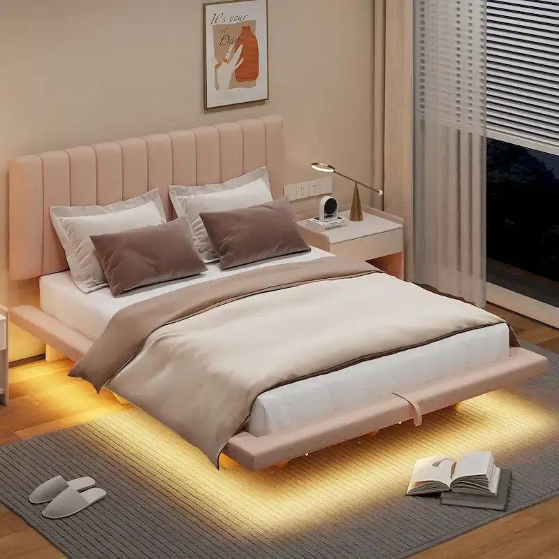 Cama flotante tamaño queen con luz LED y USB