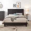 Cama tapizada de plataforma tamaño queen de cuero sintético negro con soporte de listones