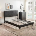Cama tapizada de plataforma tamaño queen de cuero sintético negro con soporte de listones