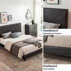 Cama tapizada de plataforma tamaño queen de cuero sintético negro con soporte de listones