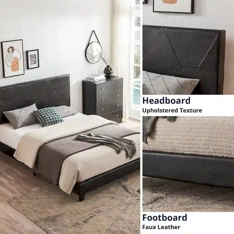 Cama tapizada de plataforma tamaño queen de cuero sintético negro con soporte de listones
