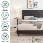 Cama tapizada de plataforma tamaño queen de cuero sintético negro con soporte de listones