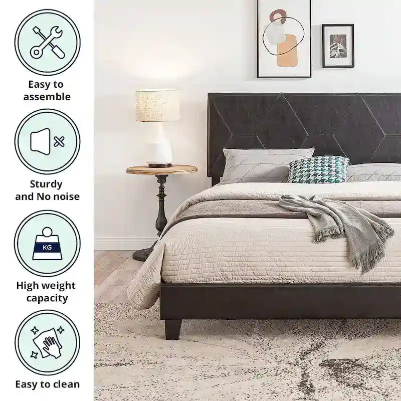 Cama tapizada de plataforma tamaño queen de cuero sintético negro con soporte de listones