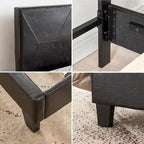 Cama tapizada de plataforma tamaño queen de cuero sintético negro con soporte de listones