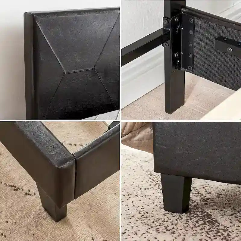 Cama tapizada de plataforma tamaño queen de cuero sintético negro con soporte de listones