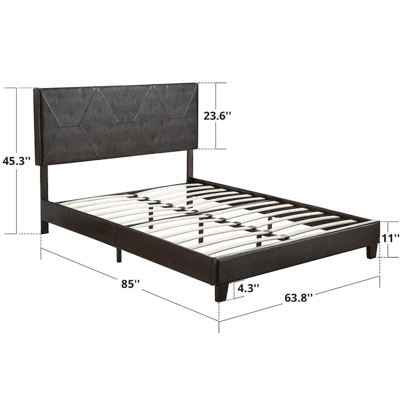 Cama tapizada de plataforma tamaño queen de cuero sintético negro con soporte de listones