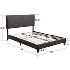Cama tapizada de plataforma tamaño queen de cuero sintético negro con soporte de listones
