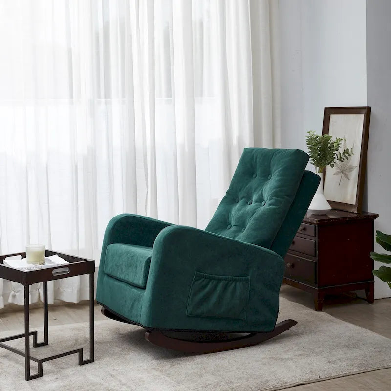 Moderna mecedora tapizada de respaldo alto de 28.74 con botones, patas de madera maciza y bolsillo lateral