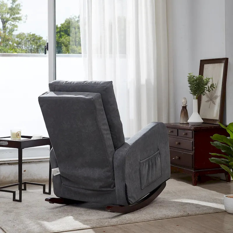 Moderna mecedora tapizada de respaldo alto de 28.74 con botones, patas de madera maciza y bolsillo lateral