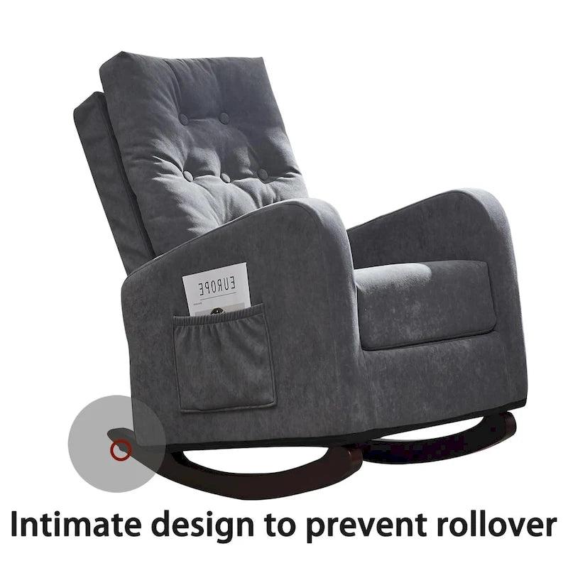 Moderna mecedora tapizada de respaldo alto de 28.74 con botones, patas de madera maciza y bolsillo lateral