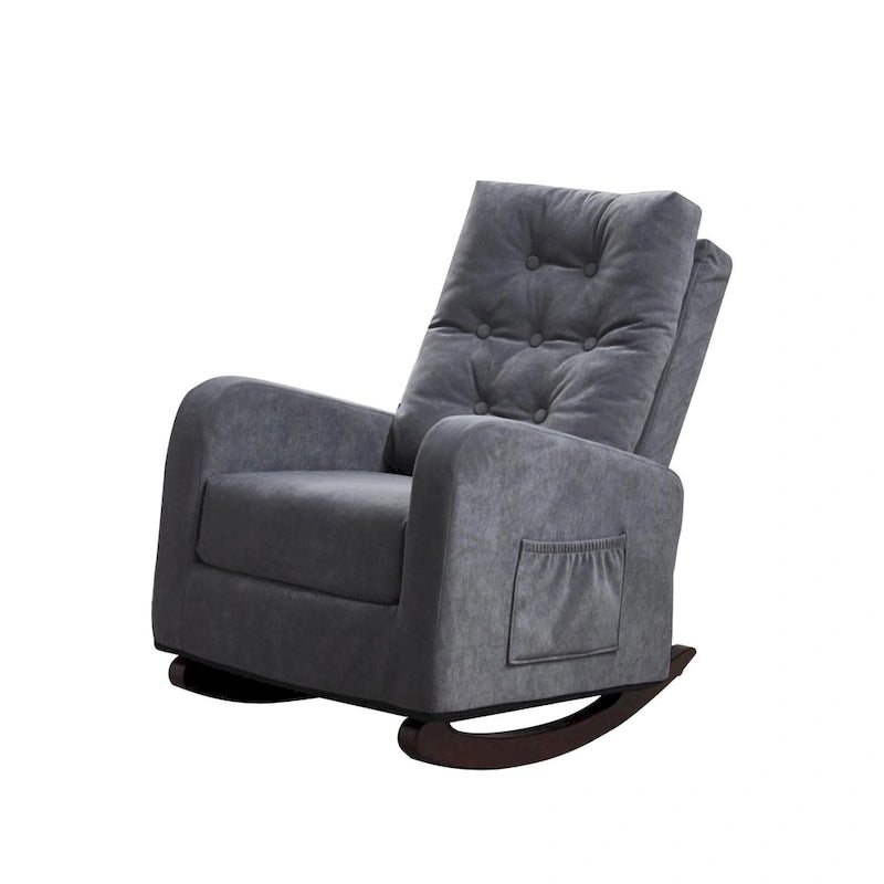 Moderna mecedora tapizada de respaldo alto de 28.74 con botones, patas de madera maciza y bolsillo lateral