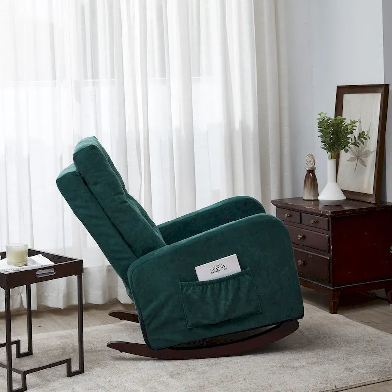 Moderna mecedora tapizada de respaldo alto de 28.74 con botones, patas de madera maciza y bolsillo lateral