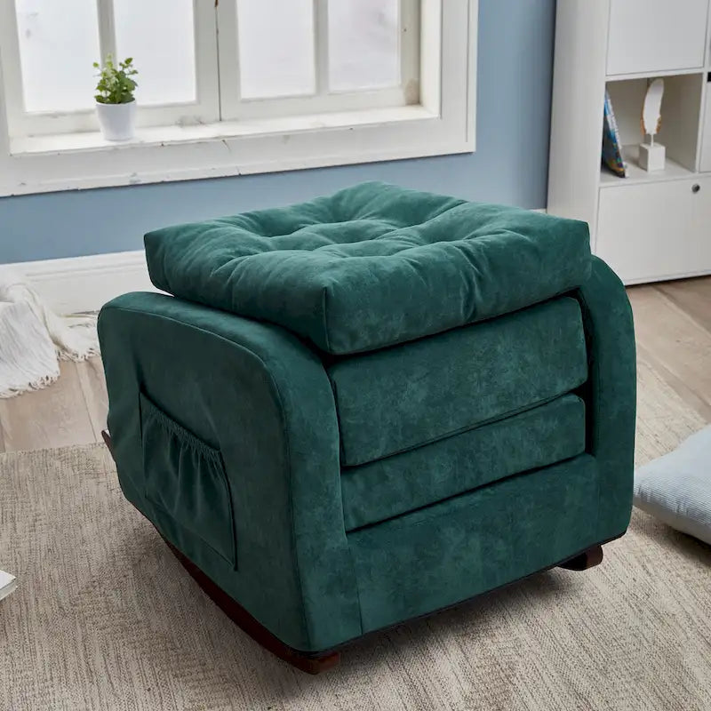 Moderna mecedora tapizada de respaldo alto de 28.74 con botones, patas de madera maciza y bolsillo lateral